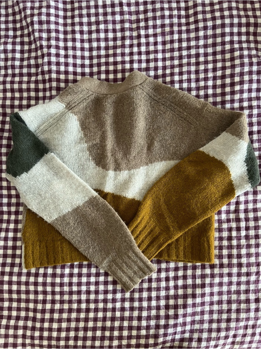 Everlane Colorblock V-Neck Cropped Cardigan - Brown/Green/Cream - Picture 3 of 3